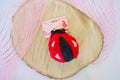 Red and black ladybug dog toy with a pink tag on a textured surface.|Jouet pour chien en forme de coccinelle rouge et noire avec une étiquette rose, posé sur une surface texturée.