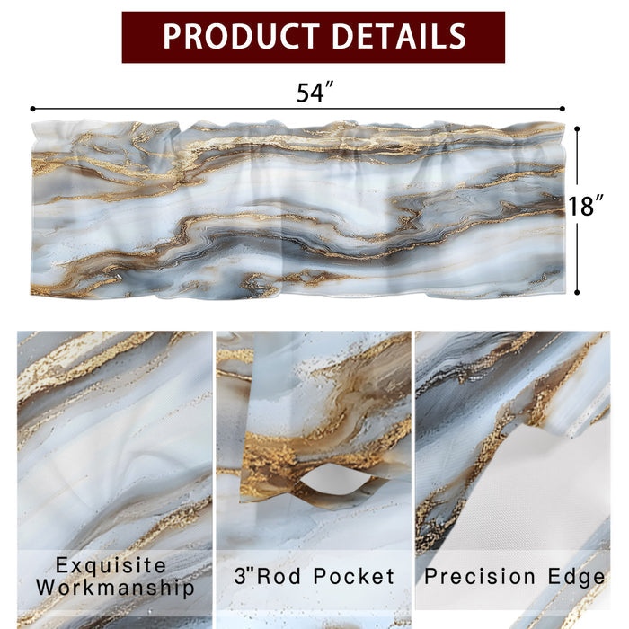 Modern White Gold Kitchen Window Valance Curtain, Abstract Geometric Marble Printed Rod Pocket Light Filtering Window Topper, 54 x 18 Inch, 1 Panel