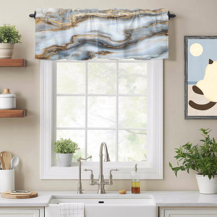 Modern White Gold Kitchen Window Valance Curtain, Abstract Geometric Marble Printed Rod Pocket Light Filtering Window Topper, 54 x 18 Inch, 1 Panel