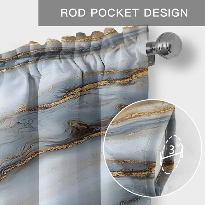 Modern White Gold Kitchen Window Valance Curtain, Abstract Geometric Marble Printed Rod Pocket Light Filtering Window Topper, 54 x 18 Inch, 1 Panel