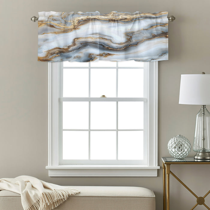 Modern White Gold Kitchen Window Valance Curtain, Abstract Geometric Marble Printed Rod Pocket Light Filtering Window Topper, 54 x 18 Inch, 1 Panel