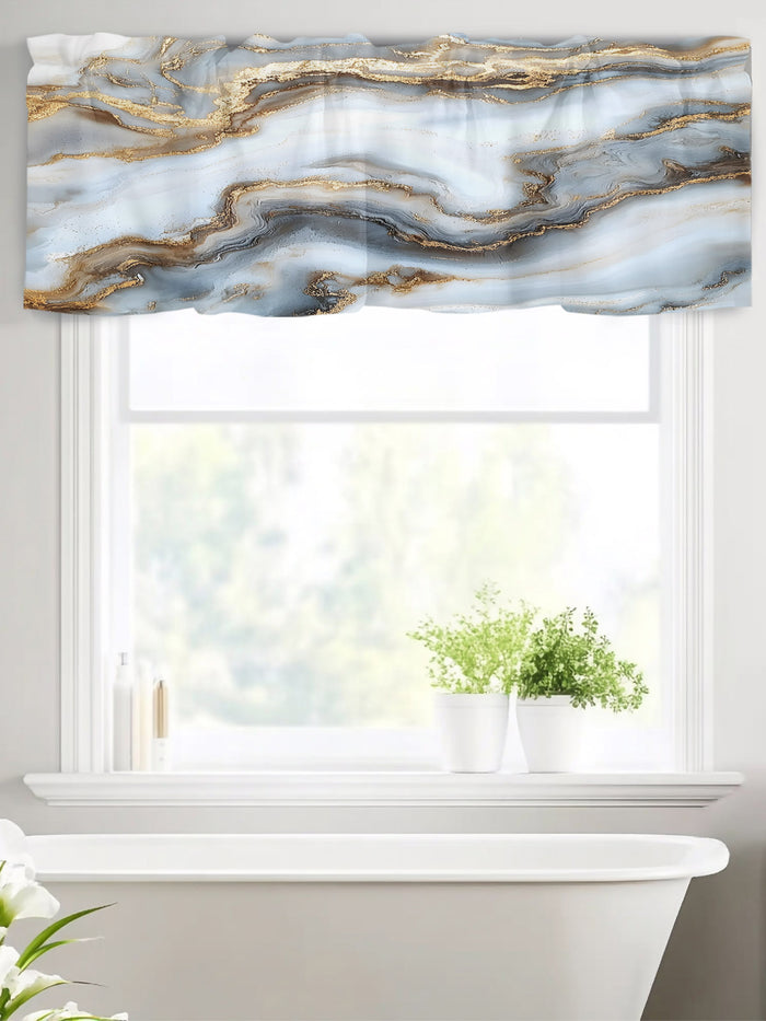 Modern White Gold Kitchen Window Valance Curtain, Abstract Geometric Marble Printed Rod Pocket Light Filtering Window Topper, 54 x 18 Inch, 1 Panel