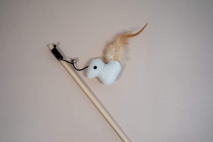 Close view of a cat teaser in bird shaped with a feather on the back. | Vue rapprochée de l'agace-chat en forme d'oiseau avec une plume sur le dos.