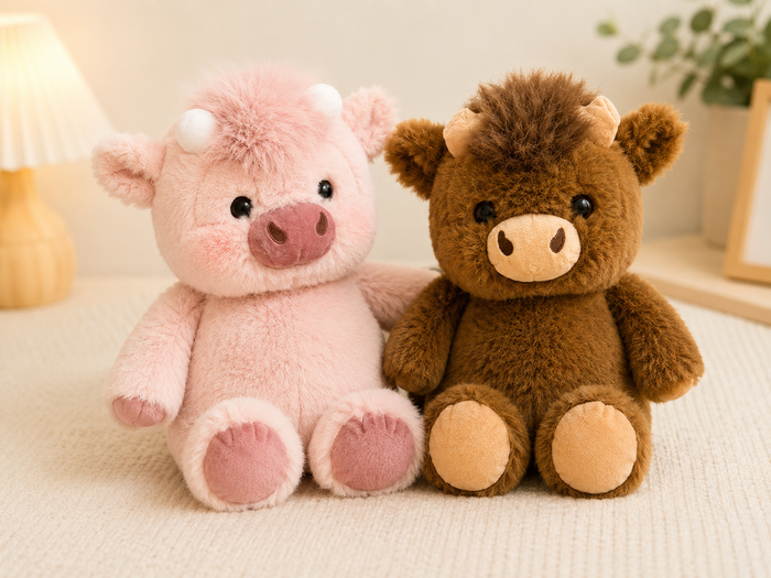 Pale Pink & Brown Cow Running Plushie Duo