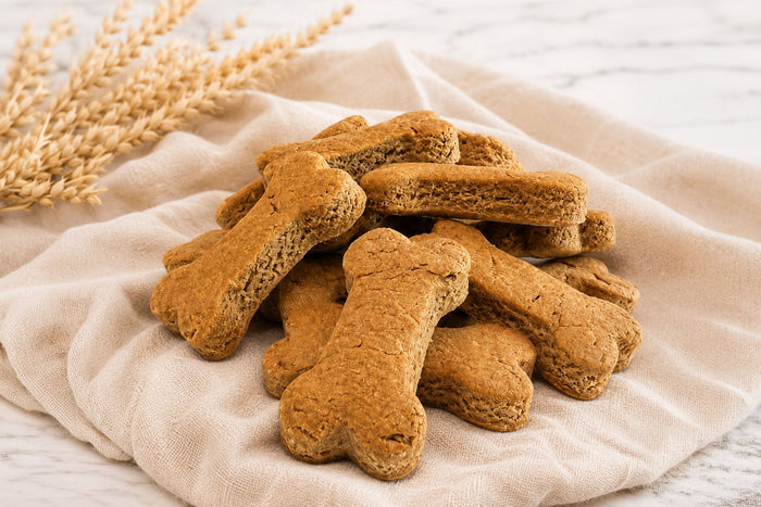 Close-up of dog peanut butter biscuits, gluten-free dog treats made with wholesome ingredients and baked in small batches.|Gros plan sur des biscuits au beurre de cacahuète pour chiens, friandises sans gluten faits à partir d'ingrédients sains et cuits en petites quantités.