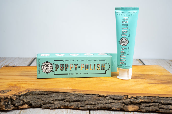 Poultry flavored, natural origin Puppy Polish pet toothpaste from Wag & Bright Suppliy Co.|Dentifrice pour animaux de compagnie Puppy Polish, aromatisé à la volaille, d'origine naturelle, de Wag & Bright Suppliy Co.