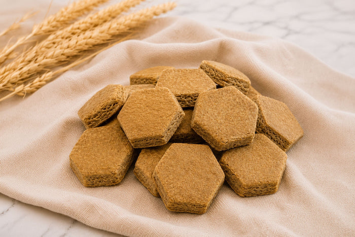 Close-up of Baxter Bailey Pumpkin Bee Bites, gluten-free dog treats made with wholesome ingredients and baked in small batches.|Gros plan sur les friandises pour chiens à la citrouille et miel, des friandises sans gluten, préparées avec des ingrédients sains et cuites en petites quantités.