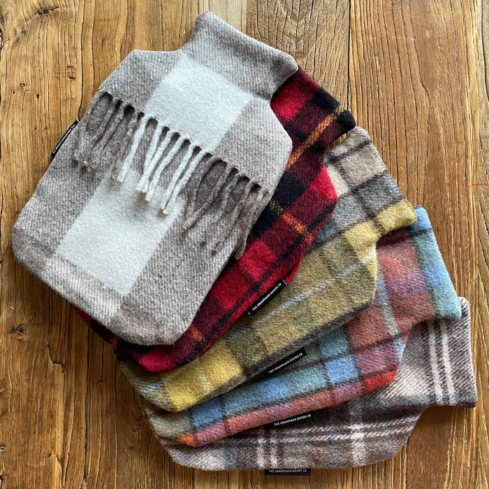 Recycled Wool Tartan Hot Water Bottle Covers | Camel