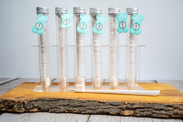Display with 6 toothbrushes for medium to large dogs in a reusable container from Wag & Bright Supply Co. | Présentoir avec 6 brosses à dents pour chiens de moyenne à grande taille dans un contenant réutilisable de Wag & Bright Supply Co.