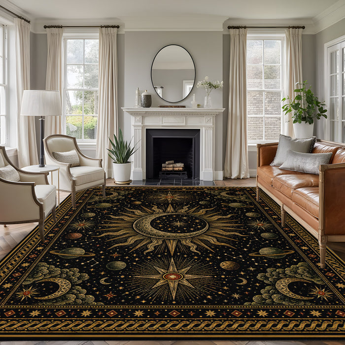 Rullikatlyi Area Rugs for Living Room Gold Boho Celestials Washable Soft Dark Gothick Sun and Moon Rug Bedroom Non-Slip Large Carpet Dining Office