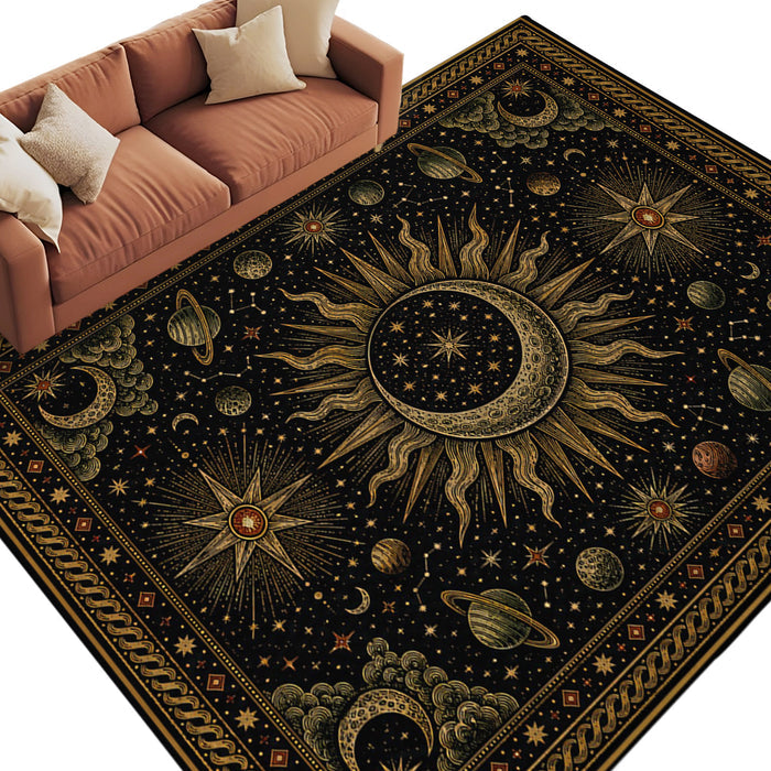Rullikatlyi Area Rugs for Living Room Gold Boho Celestials Washable Soft Dark Gothick Sun and Moon Rug Bedroom Non-Slip Large Carpet Dining Office