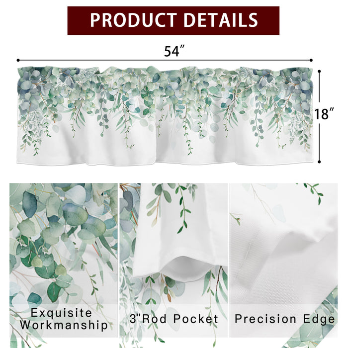 Sage Green Eucalyptus Leaves Kitchen Window Valance Curtain, Green Leaf Rod Pocket Light Filtering Window Topper, 54 x 18 Inch, 1 Panel