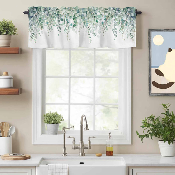Sage Green Eucalyptus Leaves Kitchen Window Valance Curtain, Green Leaf Rod Pocket Light Filtering Window Topper, 54 x 18 Inch, 1 Panel