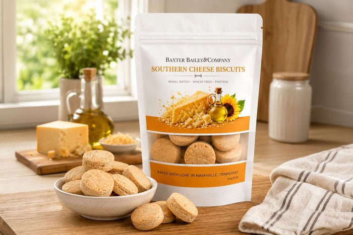 Baxter Bailey Southern Cheese Biscuits dog treats made with real aged parmesan cheese.|Friandises pour chiens Baxter Bailey Southern Cheese Biscuits, préparées avec du véritable parmesan affiné.