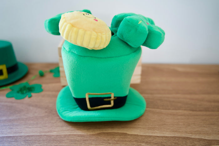 Green leprechaun hat dog interactive toy with a face on a wooden surface.|Jouet interactif pour chien en forme de chapeau de lutin vert avec un visage sur une surface en bois.