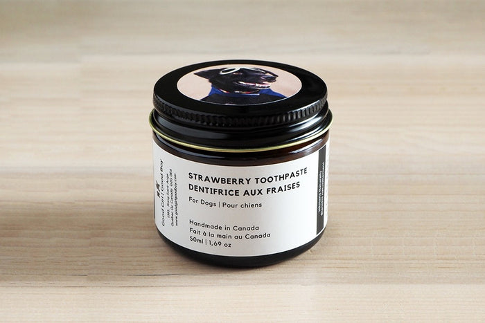 Jar of strawberry toothpaste for dogs on a wooden surface.|Pot de dentifrice à la fraise pour chiens sur une surface en bois.