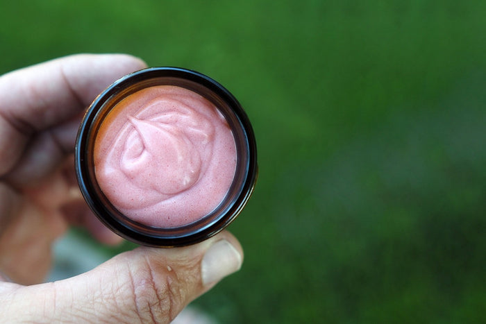 Hand holding a small container with strawberry pet toothpaste.|Main tenant un petit récipient contenant du dentifrice pour animaux à la fraise.