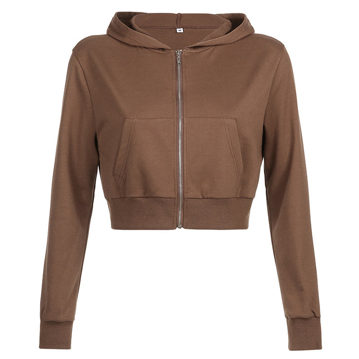 Street style women's solid color simple style zipper hoodie - LeobonZone