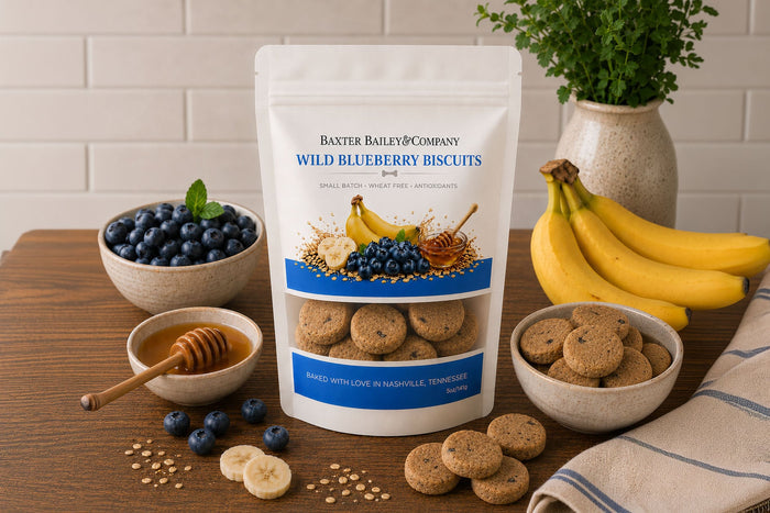 Baxter Bailey Wild Blueberry Biscuits handcrafted dog treats made with real blueberries and oat flour in a resealable bag.|Biscuits pour chiens aux myrtilles sauvages et farine d'avoine, présentées dans un sachet refermable.