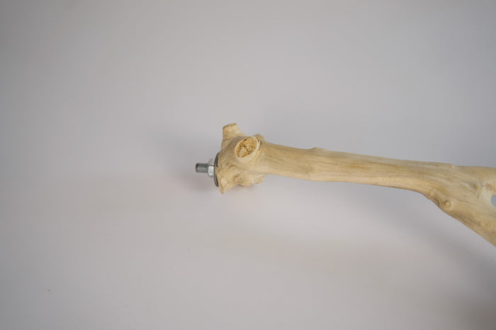 Wooden bird perch with a metal screw.|Perchoir en bois pour oiseaux avec une vis métallique.